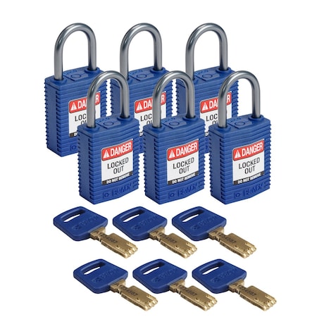 Compact SafeKey Key Retaining Nylon Padlock 1 In Aluminum Shackle KD Blue 6PK